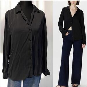 Quince Silk Black Washable Stretch Button Down Blouse Minimalist Chic L